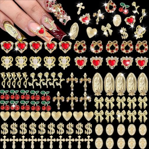 100Pcs Gold Nail Charms and Gems 3D Cross Nail Charms,Gold Rose,Hearts,Dollar,Bow,Cherry and Virgin Mary Nail Rhinestones for Nails Supplies