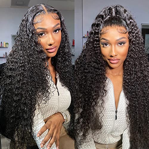 30 Inch Curly Lace Front Wig Human Hair 13x4 Lace Frontal Deep Wave Wig Pre Plucked with Baby Hair 180% Density Brazilian Virgin Wet and Wavy Wigs for Black Women (Deep Wave Wig, 30 Inch)