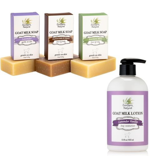 Southern Natural Goat Milk Soap Bar Variety 3 Pack with Lavender Vanilla Goat Milk Lotion – Face and Body Care for Dry, Sensitive Skin, Suitable for Men, Women, and Kids