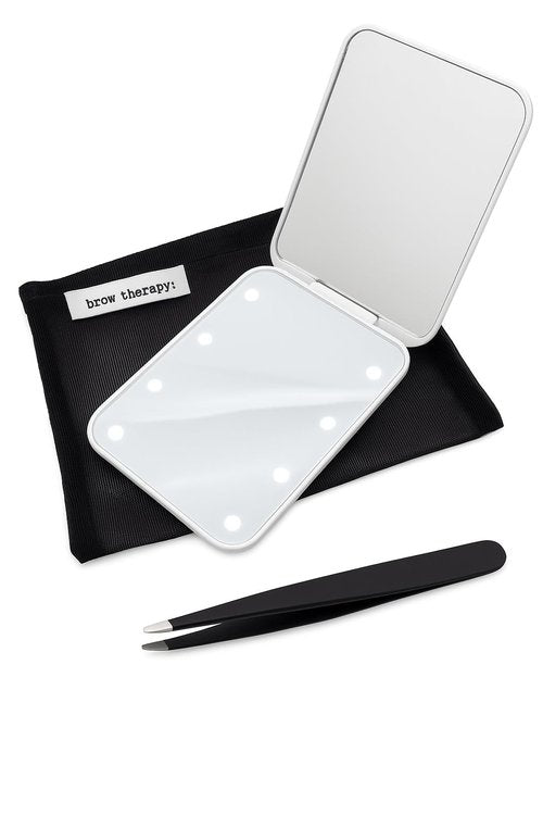 Brow Therapy LED Lighted Compact Mirror & Tweezer Set – 1x/3x Magnification, Battery Operated, Bright Light – Stainless Steel Slant Tip Tweezer with Travel-Size 4x5 Mesh Zipper Bag