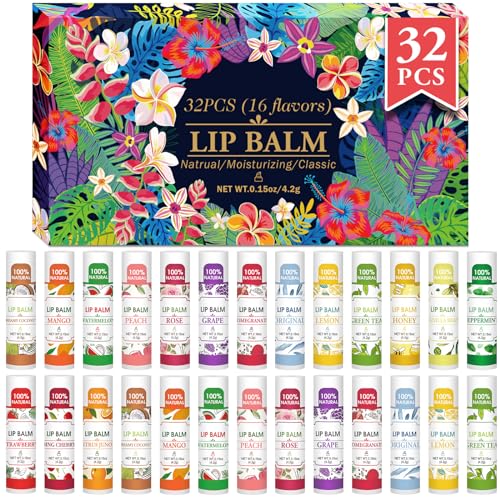 32 Pack Lip Balm, Natural Lip Balm Bulk with Vitamin E and Coconut Oil, Bulk Lip Balms for Dry Lips-16 Flavors
