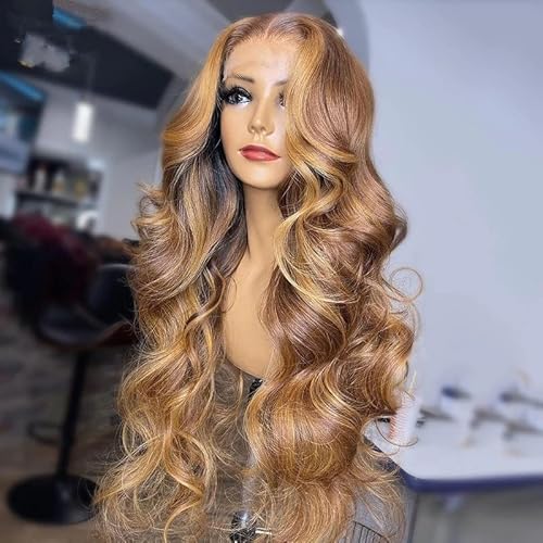 Transparent 13x6 HD Lace Front Wigs for Black Women Body Wave Ombre Highlight Brown with Honey Blonde Color 180% Density Pre Plucked Hailine and Bleached Knots (26Inch, 13x6 Lace Front Wig)