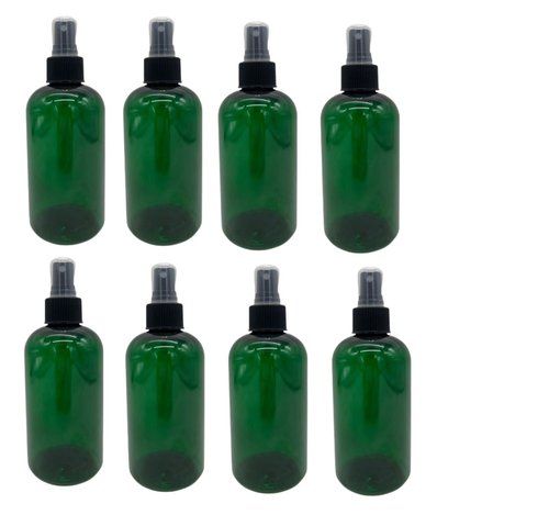 Natural Farms 8 oz Green Boston BPA FREE Bottles - 8 Pack Plastic Empty Refillable Containers - Essential Oils Cleaning Products - Aromatherapy | Black Fine Mist Sprayers - Made in the USA