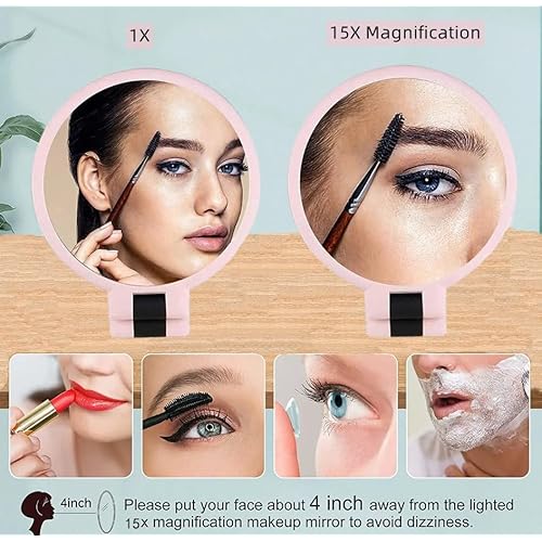1X 15X Handheld Mirror with Handle for Travel£¬ Magnifying Mirror, Rotation Adjustable Handle, Double Sided Folding, Mirror for Women for Eyes Makeup Travel Table Desk Shaving