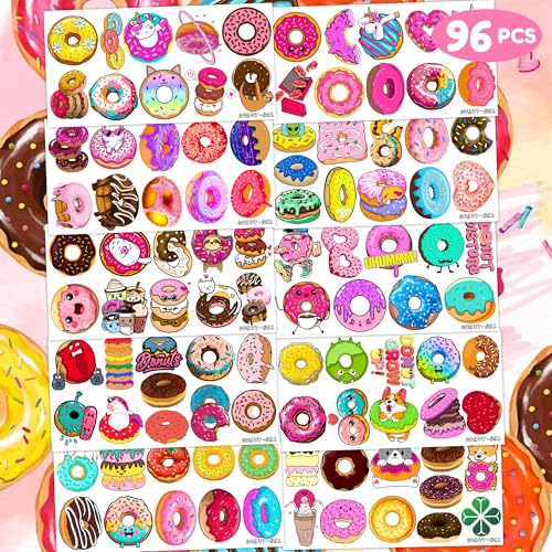 96PCS Donut Temporary Tattoos ? Doughnut Themed Two Sweet or Donut Grow Up Birthday Party Decorations, Favors, and Supplies for Kids Boys Girls, Cute Stickers, School Prizes and Rewards