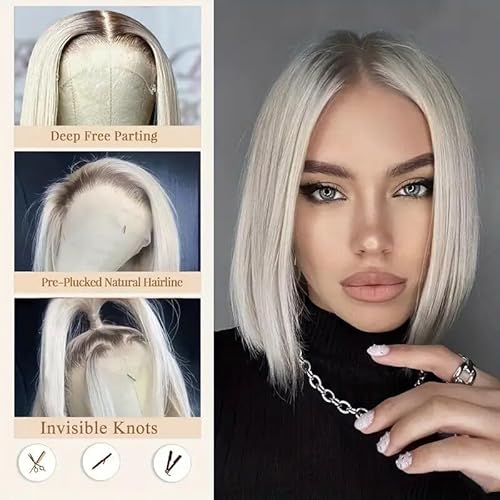 Ombre Platinum Blonde Wig Human Hair with Dark Roots 10 Inch Straight Bob Ash Blonde Lace Front Wigs for White Women 13x4 HD Lace Frontal Pre plucked 150% Density
