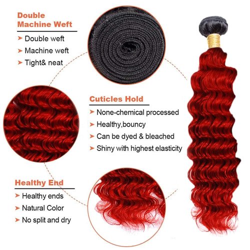 12 14 16 inch Red Human Hair Bundles 1B/Red Deep Wave 3 Bundles Brazilian Unprocessed Remy Hair Ombre Red Bundle 300g