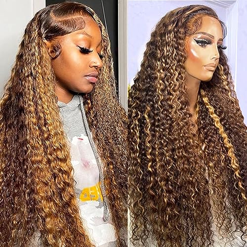 24 Inch Ombre Deep Wave Lace Front Wigs - Glueless, Pre Plucked, Wet and Wavy - 180% Density P4/27 Curly Human Hair Wig