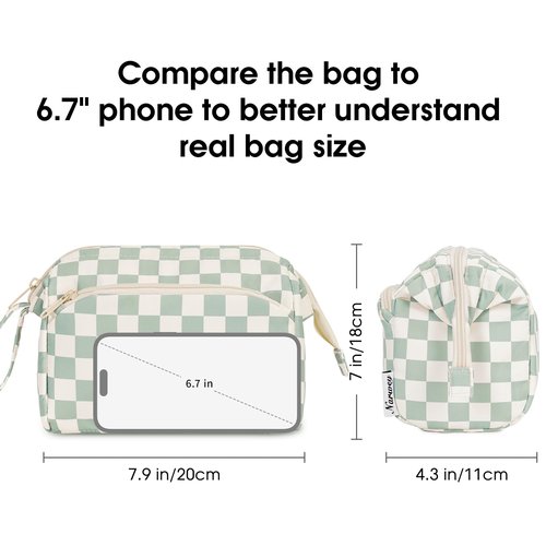 Narwey Checkered Makeup Bag Women Wide-open Make up Bag Travel Cosmetic Bag Organizer Toiletry Bag for Cosmetics Toiletries Accessories (Mint Green Checkerboard)