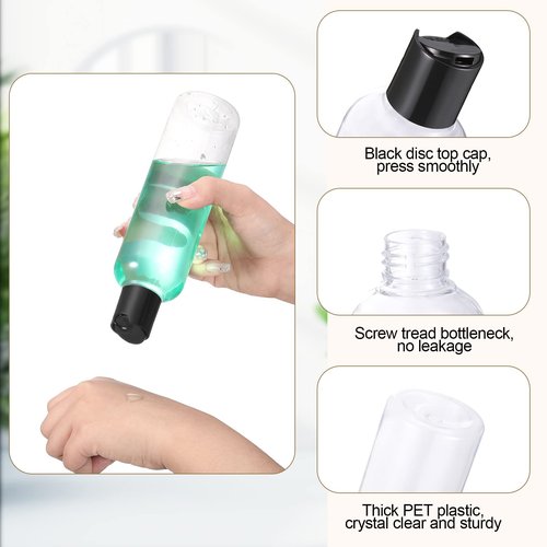 Nuenen 24 Pieces Plastic Empty Bottles Clear Squeeze Travel Containers with Black Disc Cap Refillable Shampoo Travel Bottles for Toiletries Lotion Container for Body Soap Cream(8 oz)