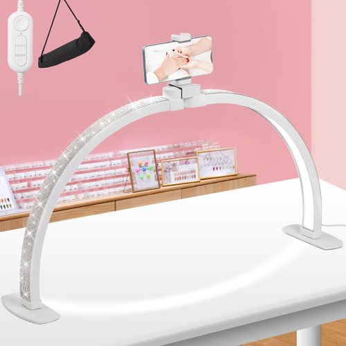 JIUYONG Upgraded Half Moon Light with Phone Holder, 29in Foldable Half Moon Light for Nail Desk, Nail Table Lamp with Stepless Dimming & Color Temperature (Large-29In)