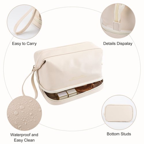 DOJUNS Cosmetic Travel Bag, Double Layer Large Makeup Organizer Leather Waterproof Toiletry Bag for Women Girls (White)
