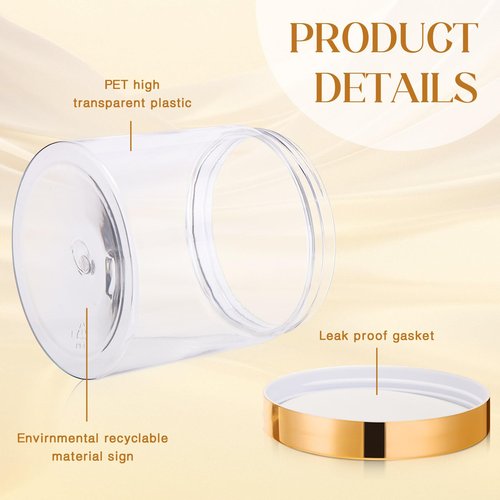 SATINIOR 12 Pack 16 oz Plastic Container Jars with Lids Round Clear Travel Cosmetic Container Slime Jars for Toiletries, Lotion, Cream, Ointments, Makeup, Rhinestone, Samples, Kitchen Storage(Gold)