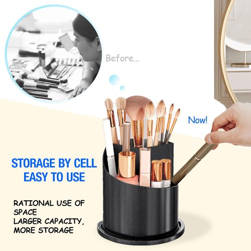 JIANGLAI Makeup Brush Holder with Lid, 360 Rotating Multifunction Clear Dustproof Skincare Cosmetic Tools Storage Organizer for Vanity Desktop Bathroom Countertop (Black)