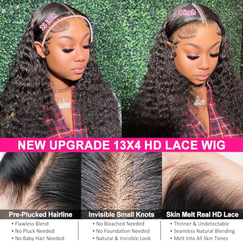 Pizazz 13x4 HD Transparent Lace Front Wigs Human Hair with Baby Hair Bleached Knots Black Color 180 Density Brazilian Deep Wave Human Hair Wigs for Black Women(24 Inch, Black color)