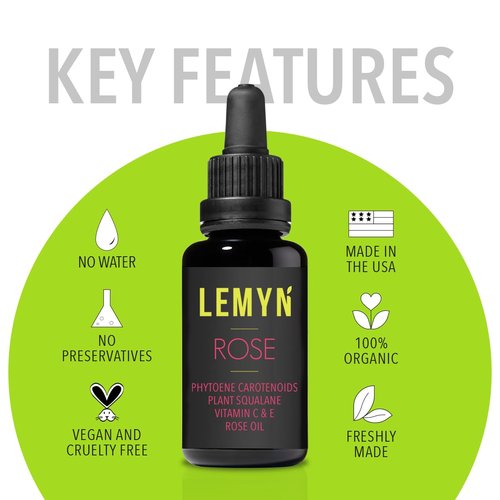 Lemyn Organics Squalane + Vitamin C Rose Oil Serum | Luxury Hydrating & Brightening Face Oil | With THD Vitamin C, Rosa Damascena & Carotenoids | Freshly Made in USA | 15ml