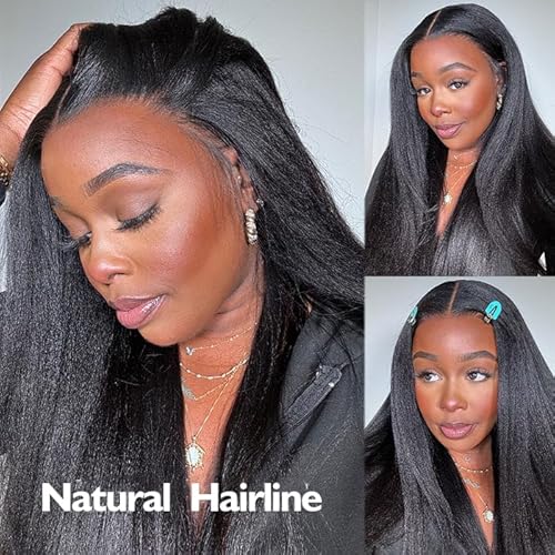 Cheetahbeauty Kinkystraight V Part Wig Human Hair with Elastic Drawstring 18 Inch No Leave Out Lace Front Wigs Upgrade Glueless U Part Wigs 180% Density Yaki Straight Half Wigs for Women Natural Color