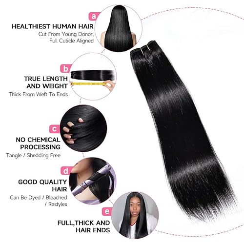 Straight Human Hair Bundles 16A 16 18 20 Inch 3 Bundles 100% Brazilian Unprocessed Virgin Hair Weave Raw Straight Bundles Human Hair Extensions Natural Black for Women