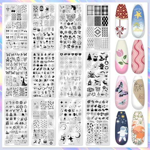 Biutee Nail Stamping Plate 16Pcs Nail Stamper Kit 12Pcs Nail Art Stamp Plates with Silicone Stamper, Scraper & Storage Bag, Stamping Plates Star Plaid Flower Butterfly Template Halloween Design Gift