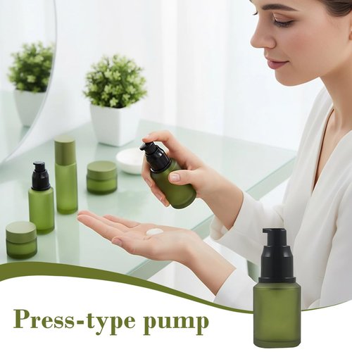 VASANA 1PCS 30ml/1oz Empty Refill Frosted Green Glass Cream Lotion Pump Bottle Cosmetic Makeup Emulsion Toiletries Liquid Storage Holder Travel Packing Container With Clear Dust Cap (30ml Green)