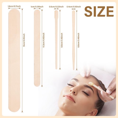 WoBiogHo 500 Pcs 4 Style Waxing Sticks Assorted Wooden Wax Applicator Stick for Body Legs Face Eyebrows and Small Medium Large Sizes Waxing Spatulas Popsicle Stick for Hair Removal Wood Craft Sticks