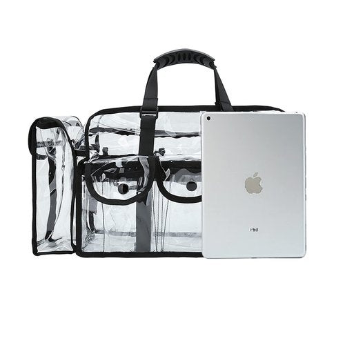 Enkrio Clear Cosmetics Bag Transparent Travel Makeup Bag with 4 External Pockets and Shoulder Strap Zippered Toiletry Carry Pouch Beach Bag