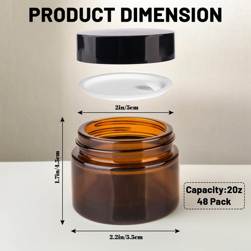 PetalPursuit 2oz Amber Glass Jars with Lids, Cosmetic Jars with Lids, 48 pack