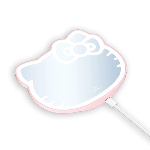 Impressions Vanity Hello Kitty 3X Magnifying Pocket Mirror with Stand, Adjustable Brightness Daylight LED Lighted Compact Makeup Mirror for Desk, Travel, Purse (Pink)