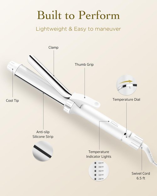 Titanium Curling Iron 1 1/4 Inch, Curling Wand with Clamp for Long Hair, Extra Long Barrel, Dual Voltage, 30s Fast Heating, 5 Temperatures, Auto Shut-Off, Silver+White