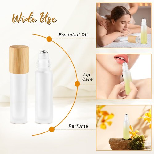 DynnnDy 20 Pcs 10ml White Frosted Glass Essential Oil Roller Bottles with Bamboo Lid Refillable Deodorant Containers with Stainless Steel Roller Balls Roll-on Bottles for Perfume Lip Gloss