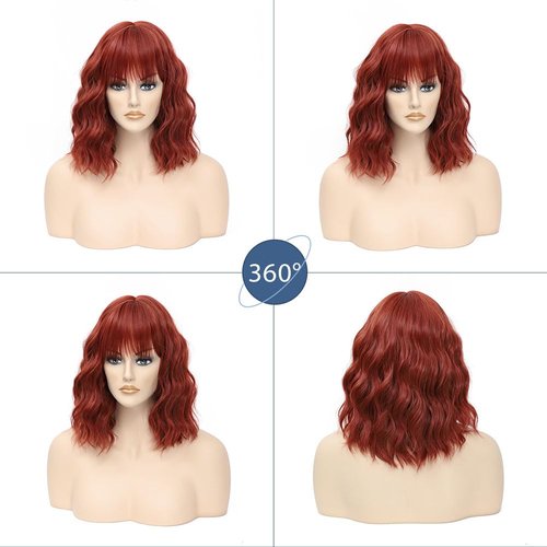 LOSMOEER Auburn Wig with Bangs Short Wavy Copper Red Wigs for Women Shoulder Length Curly Bob Wigs Heat Resistant Synthetic Wigs for Halloween Cosplay Daily Party Use
