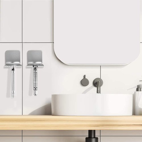 Linkidea 2 Pack Wall Mount Shaver Holder for Shower, Self Adhesive Hook Hanger Stand, Bathroom Wall Mounted Razor Holder Compatible with Vikings, Merkur Double Edge Safety Razor