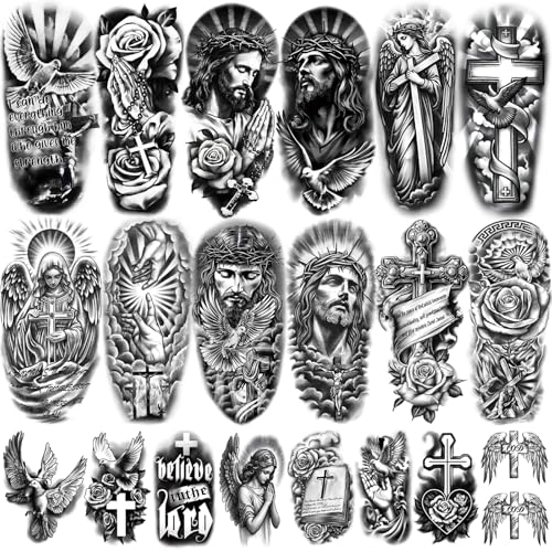 77 Sheets Christian Temporary Tattoo Adult, Religious Jesus Christ Cross Angels God Half Arm Fake Tattoos, Christ Catholic Realistic Tiny Body Temporary Tattoos for Men and Women Kids