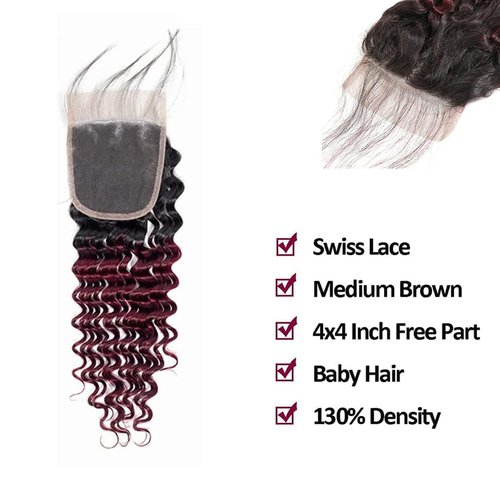 1B/99j Red Deep Wave Black Burgundy Curly Closure Human Hair 4x4 HD Transparent Lace 20 Inch High Density Brazilian Unprocessed Virgin Hair Wet And Wavy For Woman