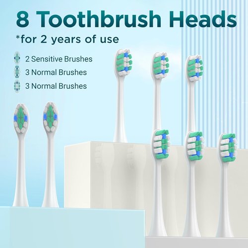 Fronix Electric Toothbrush for Adults with 8 Brush Heads, Sonic Toothbrush Rechargeable with a Holder & Travel Case, 2.5 Hours Charge for 120 Days Use - Light Green