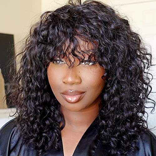 Jerry Curly Human Hair Wigs With Bangs 200% Density Virgin Human Hair Glueless Scalp Base Top Full Machine Made Wig For Black Women Brazilian Curly Wigs Natural Color 16 Inch