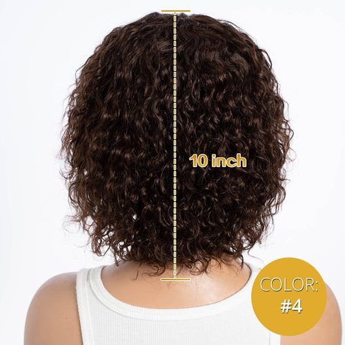 JOEDIR HAIR Short Curly Wig with Bangs Human Hair for Women Reddish Brown 12 inch Short Water Wave Bob Wig 150% Density Glueless Wig (Color: 4)