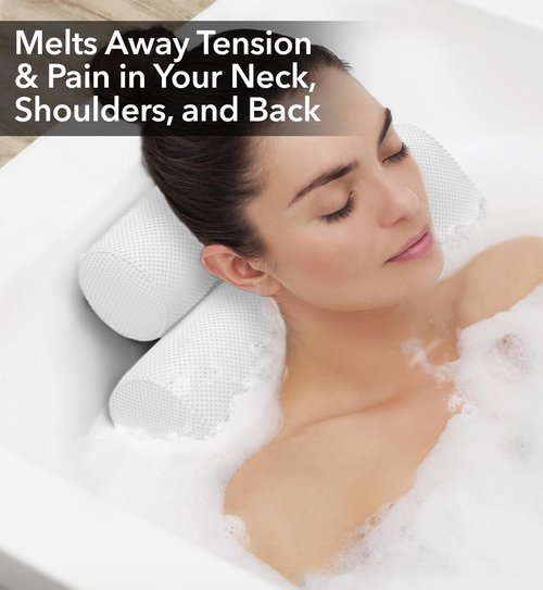 Everlasting Comfort Luxury Bath Pillows for Tub with Head and Neck Support - Non-Slip Bathtub Pillow with Suction Cups, Quick-Drying Mesh & Drying Hook - Jacuzzi & Spa Accessories for Women - White