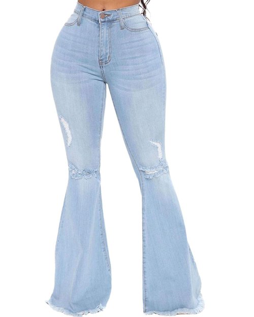 Women Destoryed Flare Jeans Elastic Waist Ripped Bell Bottom Raw Hem Stretch Denim Pants (Light Blue, Small)