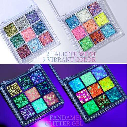 FANDAMEI Glow in The Dark Glitter, 2 Glitter Gel Palette 18 Grids Face Body Hair Glitter for Glow in The Dark Glitter Makeup, Face Glitter for Kids Women for Halloween Rave Concert Face Paint