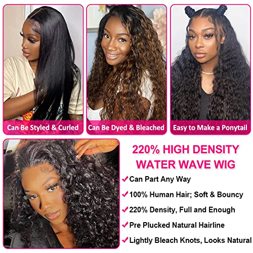 13x4 Lace Frontal Wigs Human Hair with Baby Hair for Black Women 220% Density HD Transparent Lace Front Wigs Pre Plucked Water Wave Wet and Wavy Lace Front Wig 24 inch
