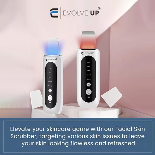 EVOLVE UP Facial Skin Scrubber - Face Cleansing Spatula, Blackhead Remover, Facial Pore Extractor - Portable & Ergonomic Design for Deep Cleansing - 5 in 1 Skincare with Red & Blue Light Stimulation