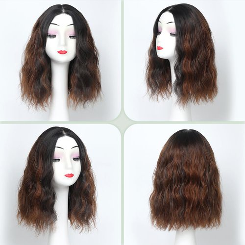GUDOZO Short Wavy Wig for Women 14Inch Shoulder Length Curly Wavy Bob Synthetic Heat Resistant Fiber Wigs for Daily Party Use Black Mix Brown