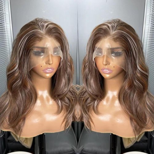 hallokiki Futura Hair 13x6 HD Synthetic Lace Front Wig,Japanese Fiber 16 Inch Mixed Brown Lace Front BOb Wig, Pre-Plucked Hairline Long Straight Curly Glueless Wigs, Layered Wigs for Women Daily Use