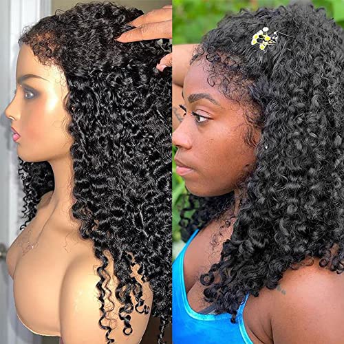 Kinky Curly Edges Hairline 13x4 Lace Front Wigs Human Hair Transparent HD Lace Frontal Wig Pre Plucked Pre Bleached Knots 4C Edges Baby Hair Deep Wave Curly Wig 180% Density (18inches)