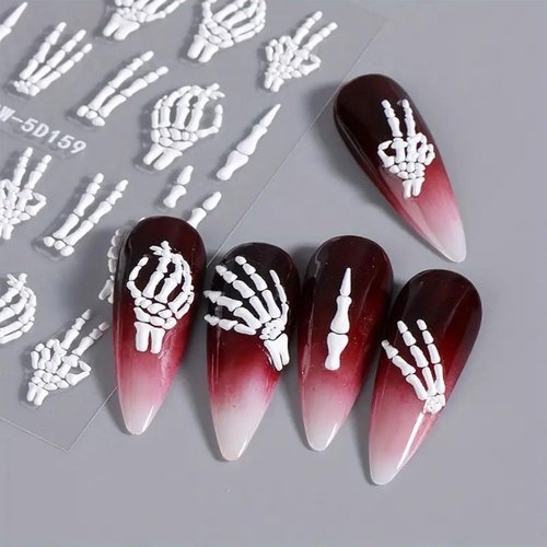 2Pcs Halloween Nail Art Stickers Skull Nail Decals 5D Embossed with Fantasy Bone Skeleton Design Nail Stickers White Hand Finger Bones Nail Art Supplies Adhesive Nail Stickers for Nail Art for Women