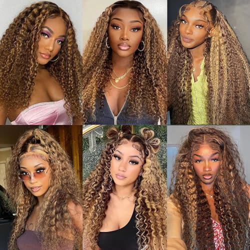 30 Inch Ombre Highlight Lace Front Wig Human Hair 13x4 Deep Wave Lace Front Wigs Human Hair P4/27 Honey Blonde Glueless Lace Front Wigs Pre Plucked HD Transparent Lace Frontal Wig 180% Density