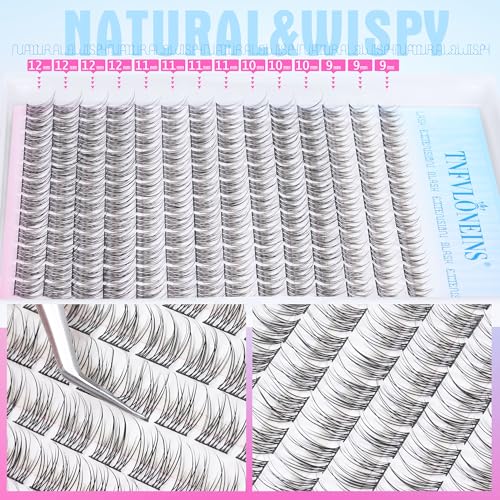 Natural Lash Extension Kit 168Pcs Lash Clusters Kit Wispy Eyelash Extensions 9-12MM Individual Lashes Extensions with Bond and Seal Lash Glue and Eyelash Extension Tweezers DIY at Home by TNFVLONEINS