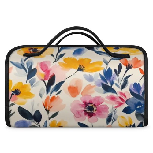 Hanging Roll Up Makeup Bag, Cosmetic Bag for Women, Watercolor Flower Travel Folding Toiletry Bag with 4 Removable Compartments, for Storing Cosmetics, Toiletries, Personal Care Products