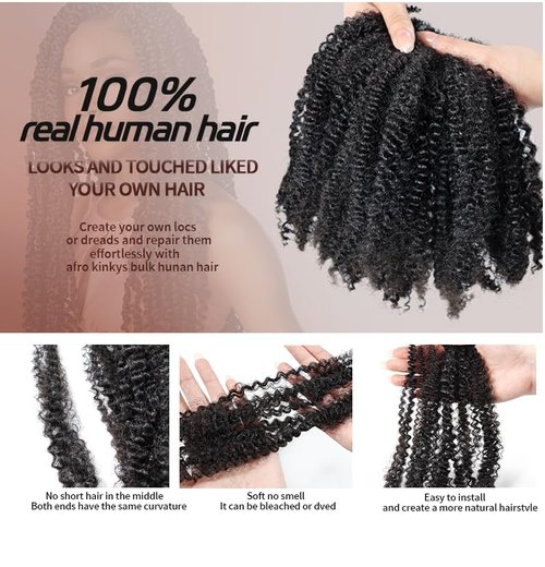 Afro Kinkys Bulk Human Hair for Permanent Micro Locs/Twists/Braids/Repair Locs Afro Kinky Curly Bulk Length and Thickness Extending, Blend Seamlessly with African hair (Natural black, 12inch 50g)